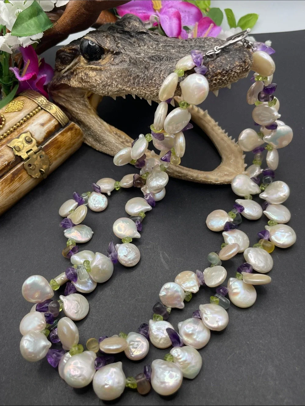 Cultured coin pearl with gemstones necklace 925 D25